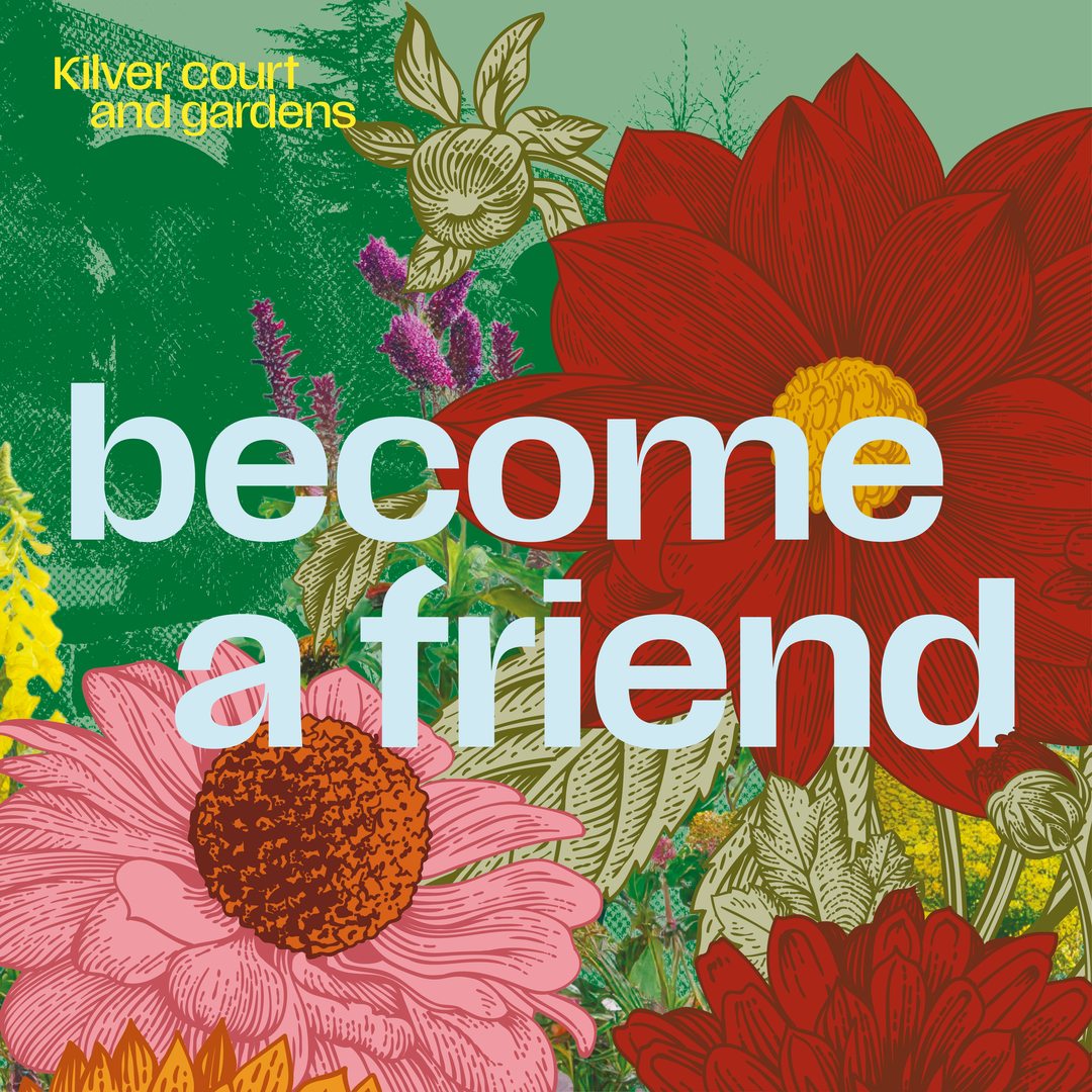 become a friend and the kilver court logo on a floral background