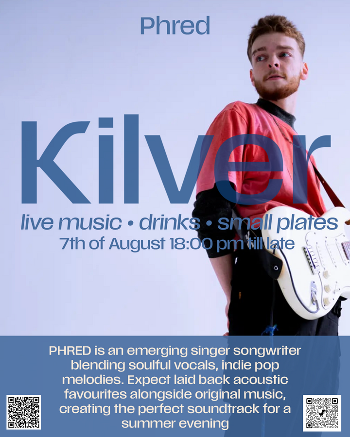 Promotional poster for Phred Kilver's live music event on the 7th of August. The poster features a portrait of Phred Kilver wearing a red t-shirt and black pants while holding a white electric guitar, set against a light blue gradient background.