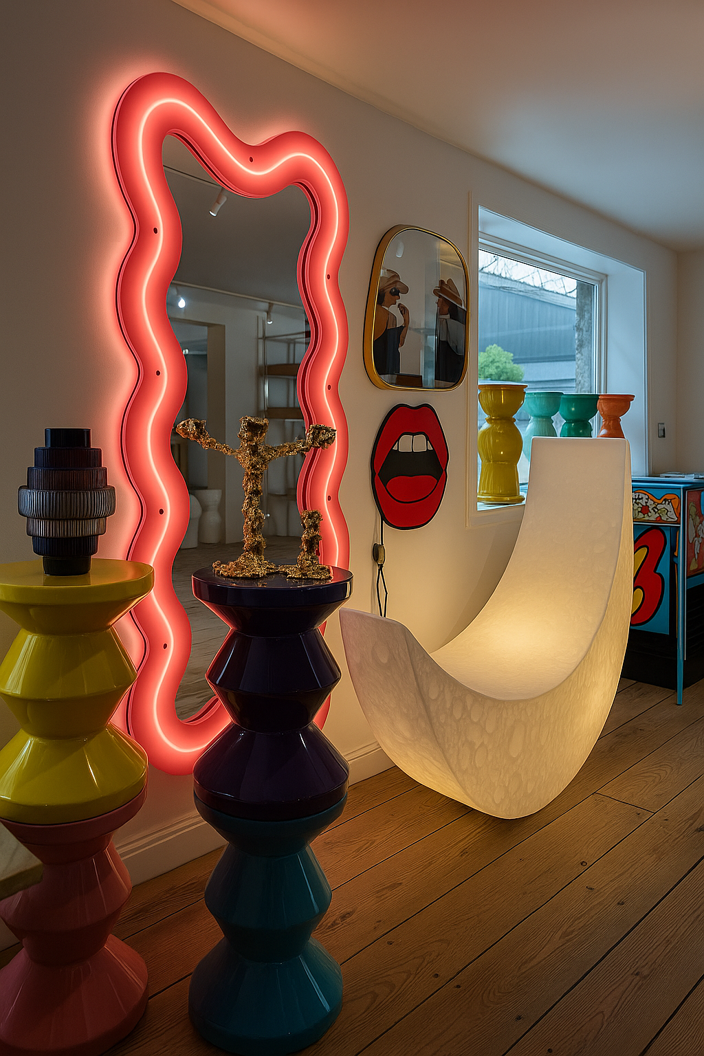 Colorful interior design with a neon mirror, chair, and various decorative items.